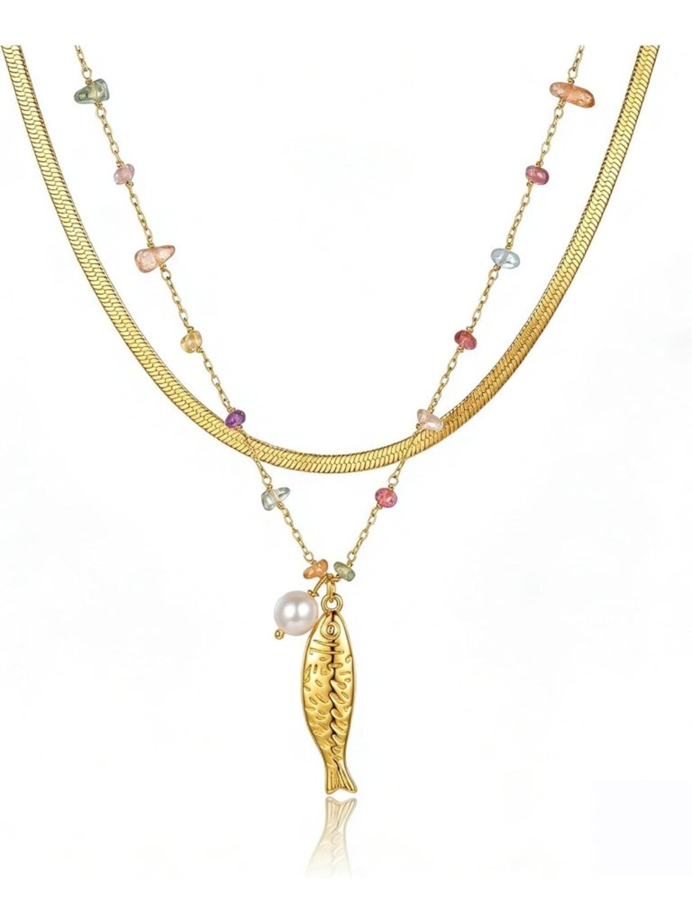 Women's Fish Glod Marine Fish Shell Pearl Pendant Detachable Double Necklace